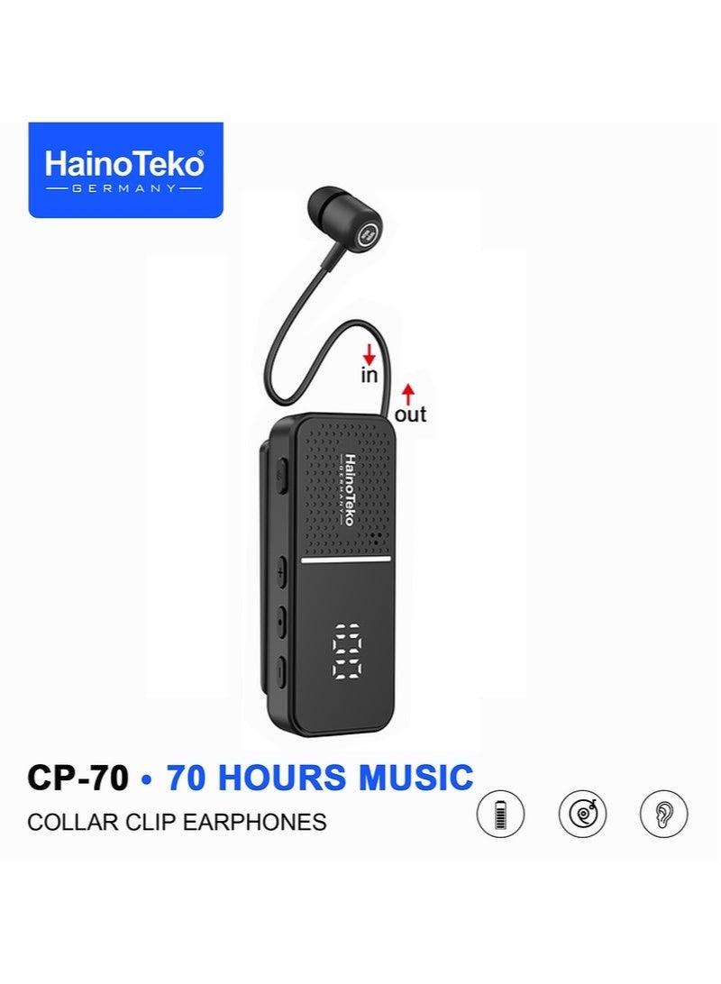 هينو تيكو CP-70 Wireless Collar Clip Earphones | 70 Hours Music Playback, Multi-Functional Button Control, Noise Reduction & Comfortable Fit – Black - Image 1