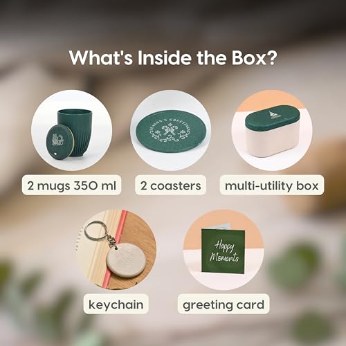 Eha Earth-Friendly Christmas Gifts for Friends and Family | Secret Santa Gifts | Made with Rice Husk | Printed Christmas Mug and Coasters Set of 2, Keychain & Loopac Box | 360 ml | Fern - Image 2
