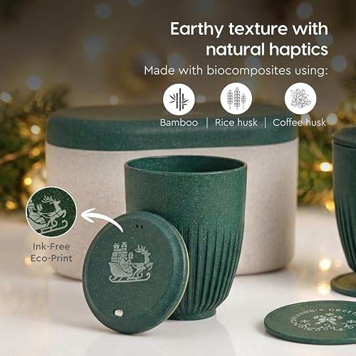 Eha Earth-Friendly Christmas Gifts for Friends and Family | Secret Santa Gifts | Made with Rice Husk | Printed Christmas Mug and Coasters Set of 2, Keychain & Loopac Box | 360 ml | Fern - Image 3