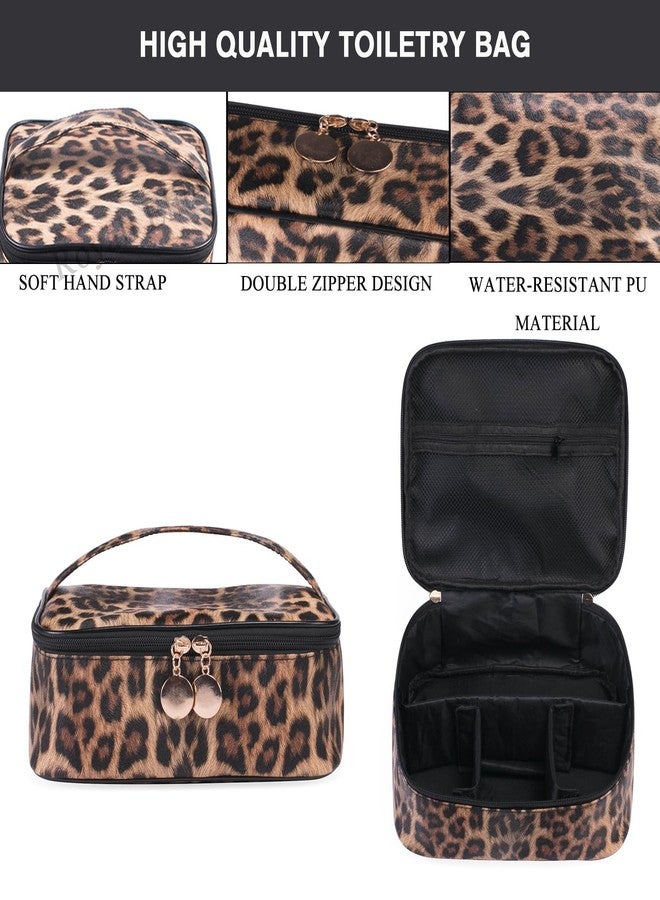 FITINI Makeup Bag Travel Large Toiletry Bag Leopard Portable Cheetah Printed Cosmetic Organizer Pouch with Small Brush Storage Case Gold Zipper Waterproof Adjustable Dividers for Women,8.7x7.1x3.4inch - Image 3