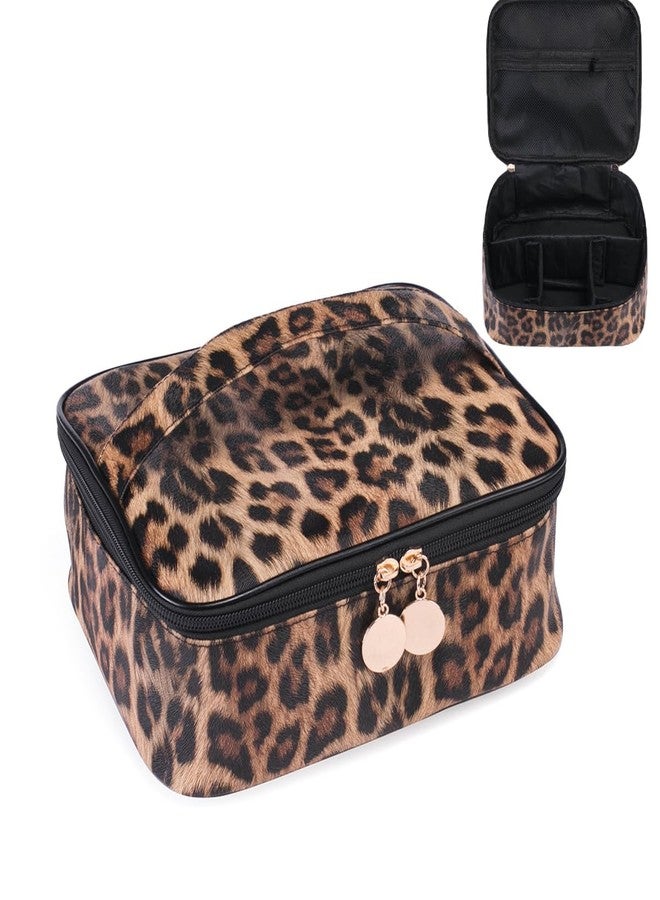 FITINI Makeup Bag Travel Large Toiletry Bag Leopard Portable Cheetah Printed Cosmetic Organizer Pouch with Small Brush Storage Case Gold Zipper Waterproof Adjustable Dividers for Women,8.7x7.1x3.4inch - Image 1