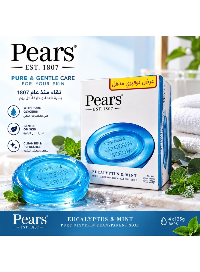 Pears Pure Glycerin Transparent Soap Eucalyptus & Mint - 4 Bars x 125g - Image 1