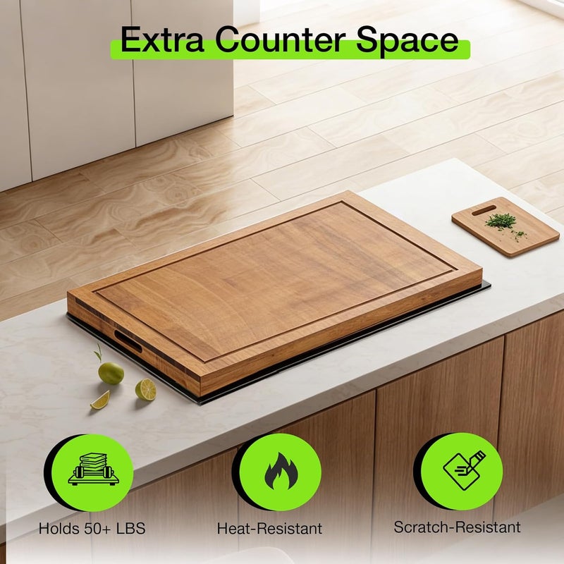 FAHKNS غطاء موقد لوح النودلز، 30 × 22 × 2.4 بوصة غطاء موقد خشبي، غطاء موقد متعدد الوظائف للموقد الكهربائي والغازي (بني فاتح) - Image 2