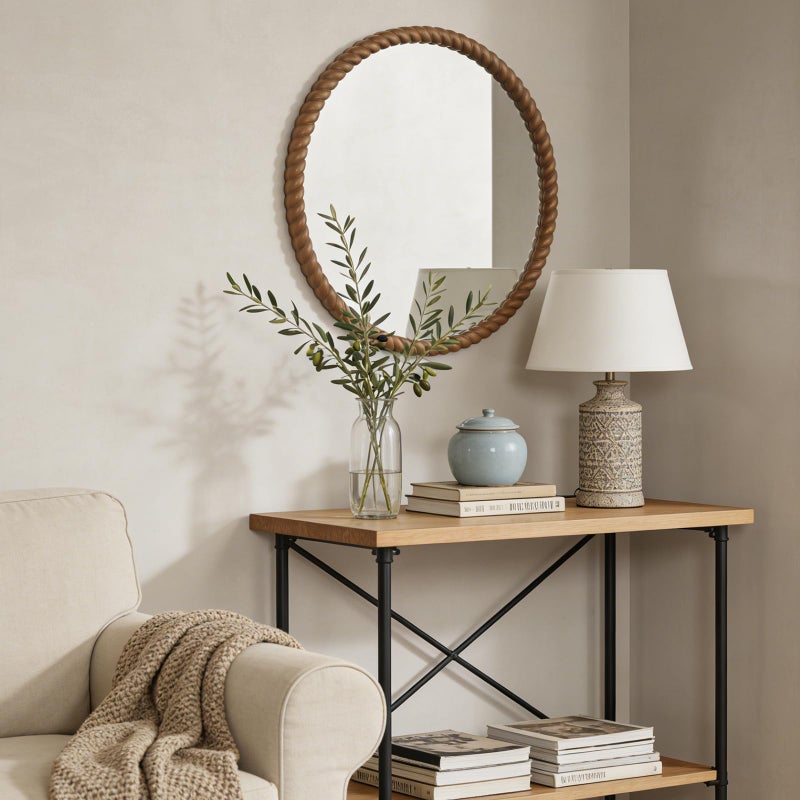 WallBeyond 30" Round Mirror with Rope-Design Frame, Large Circle Wall Mirror for Bathroom, Bedroom, Entryway & Living Room, Natural - Image 2