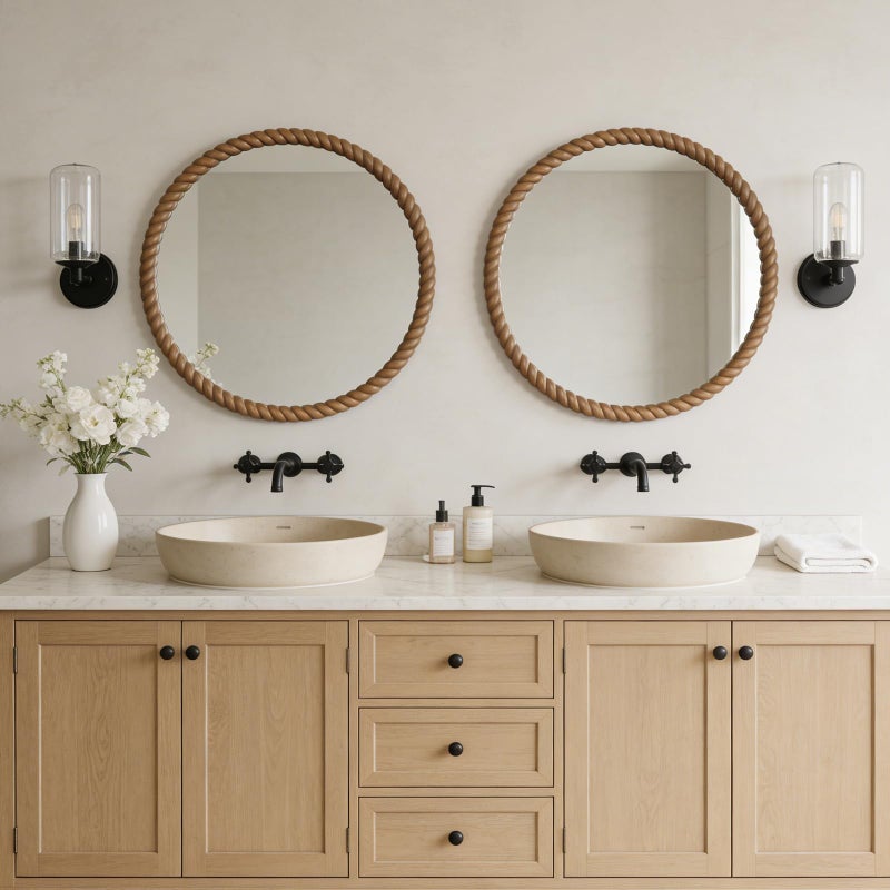 WallBeyond 30" Round Mirror with Rope-Design Frame, Large Circle Wall Mirror for Bathroom, Bedroom, Entryway & Living Room, Natural - Image 4