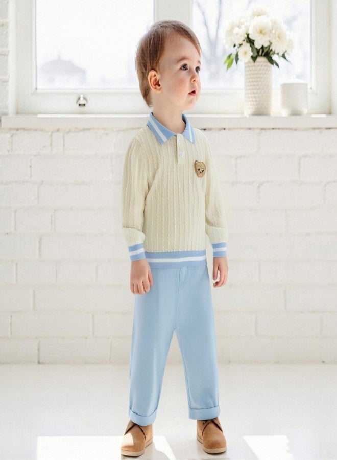 Giraropa Toddler Baby Boy Clothes Bear Embroidery Sweater Sweatshirt Long Sleeve Sweatsuit 2Pcs Pant Set Fall Winter Outfits (Blue, 6-12 Months) - Image 2