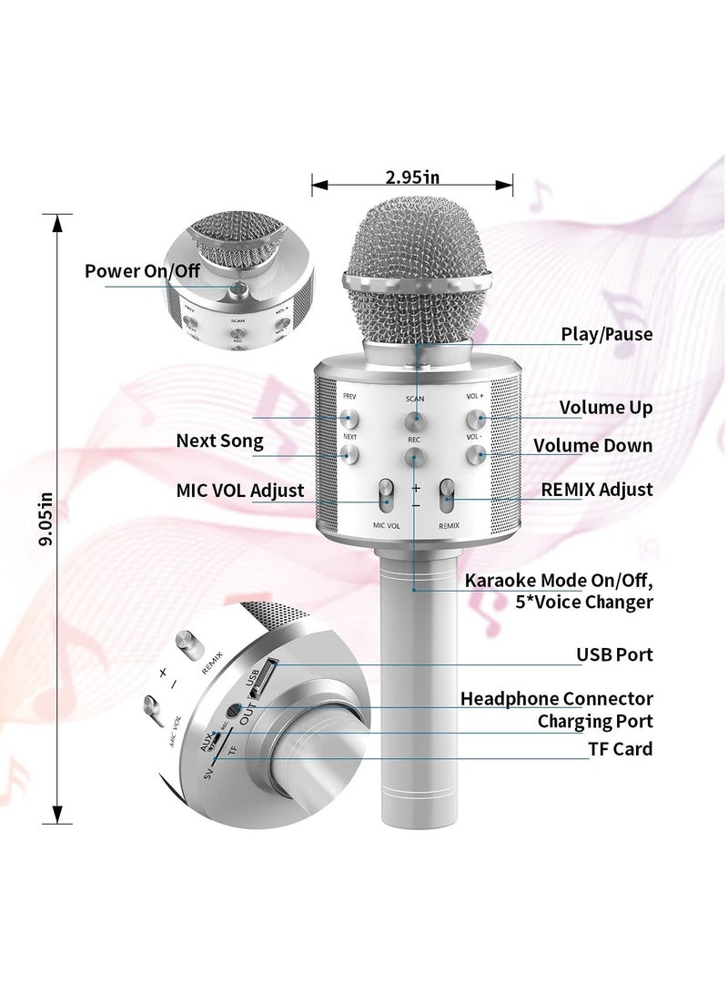 Wireless Bluetooth Karaoke Microphone,Rechargeable Kids Microphone Karaoke Machine,Professional Handheld Karaoke Mic Speaker Home KTV Kids Birthday Party - Best Gifts for Kids Adults (Silver) - Image 3