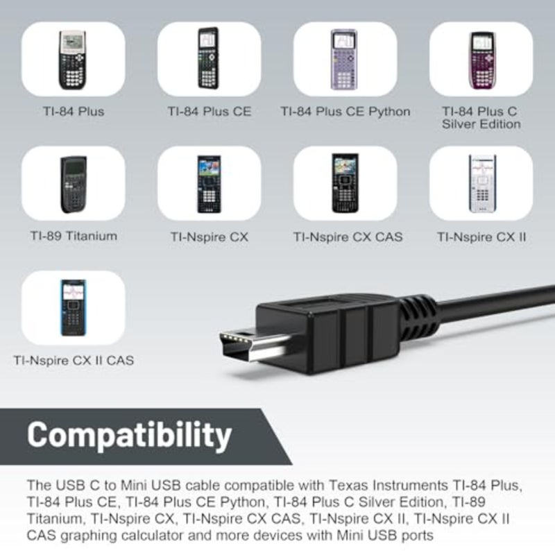 سلك TI-84 متوافق مع Texas Instruments TI-84 Plus، TI-84 Plus CE، TI-84 Plus C Silver Edition، TI-89 Titanium، TI-Nspire CX II، TI-Nspire CX II CAS، TI-Nspire CX CAS آلة حاسبة للرسوم البيانية 3.3 قدم - Image 2