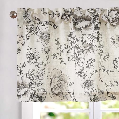 Vangao Linen Valance Curtain Farmhouse Black Floral Window Valance for Bedroom 16 Inch French Country Flower Small Drapes for Kitchen Light Filtering Window Treatments Rod Pocket 1 Panel - Image 1