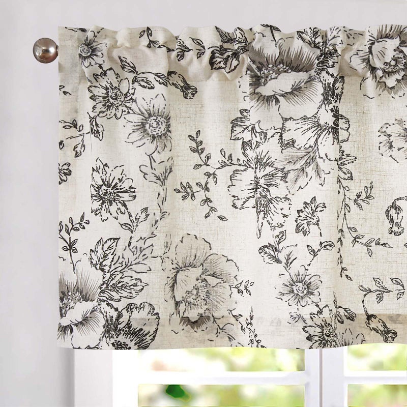 Vangao Linen Valance Curtain Farmhouse Black Floral Window Valance for Bedroom 16 Inch French Country Flower Small Drapes for Kitchen Light Filtering Window Treatments Rod Pocket 1 Panel - Image 2