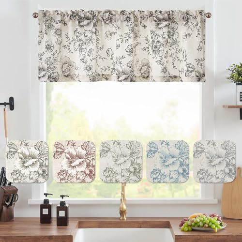 Vangao Linen Valance Curtain Farmhouse Black Floral Window Valance for Bedroom 16 Inch French Country Flower Small Drapes for Kitchen Light Filtering Window Treatments Rod Pocket 1 Panel - Image 3