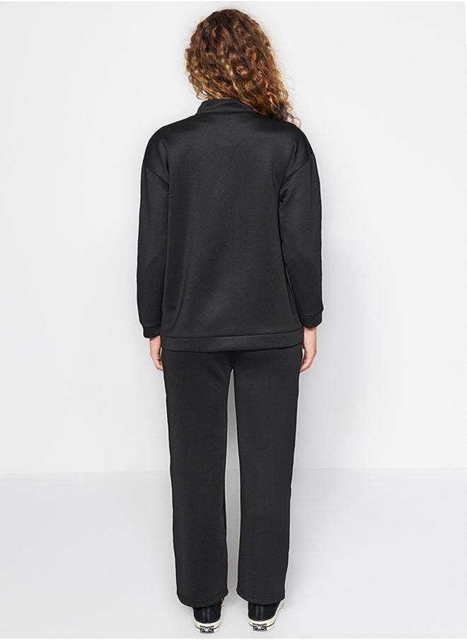 Black Zippered Scuba Cardigan-Pants Knitted Top-Bottom Set TCTAW24US00084