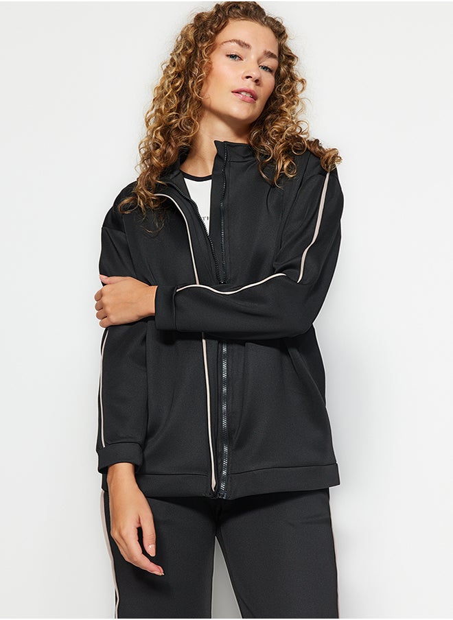 Black Zippered Scuba Cardigan-Pants Knitted Top-Bottom Set TCTAW24US00084