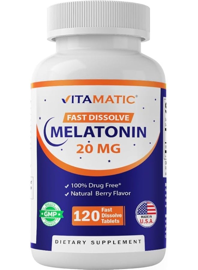 Vitamatic Melatonin 20 mg Tablets | Vegetarian, Non-GMO, Gluten Free | HIGH Potency 20 MG | Natural Berry Flavor 120 Tablets - Image 1