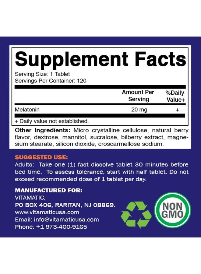 Vitamatic Melatonin 20 mg Tablets | Vegetarian, Non-GMO, Gluten Free | HIGH Potency 20 MG | Natural Berry Flavor 120 Tablets - Image 2