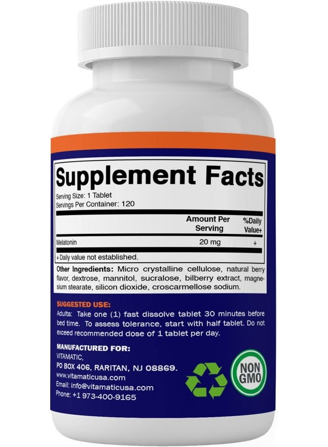 Vitamatic Melatonin 20 mg Tablets | Vegetarian, Non-GMO, Gluten Free | HIGH Potency 20 MG | Natural Berry Flavor 120 Tablets - Image 5