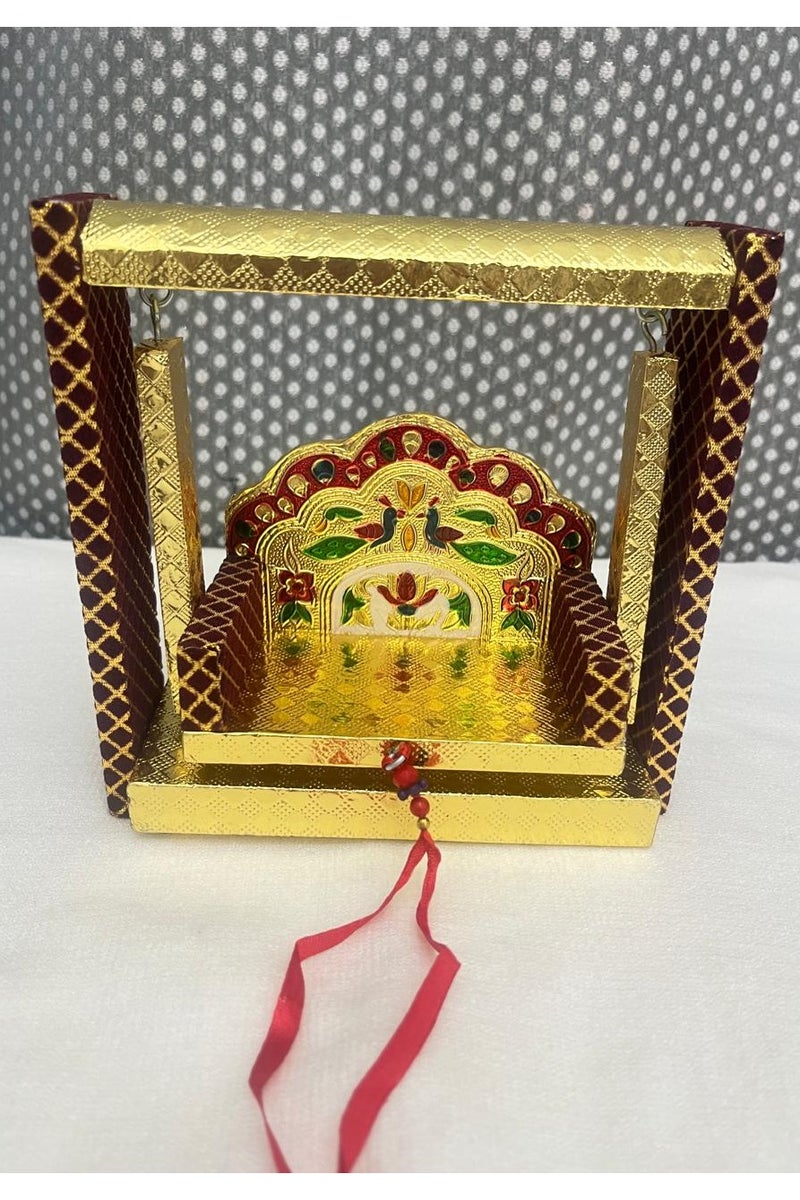 Beautifully crafted Krishna jhula with intricate gold-plated finish and decorative floral patterns, perfect for religious ceremonies.Meenakari Jhula Sihashan for Laddu Gopal/Bal Gopal Idol/Krishana Jhula/Jhoola/Laddu Gopal Swing for Home Temple Gift for Diwali ; Size is approximately 20 inches in height, Jhula seat is approximately 3*4 inches