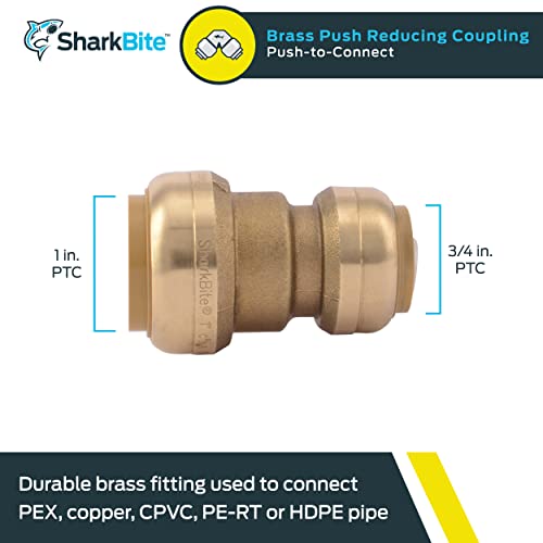 SharkBite 1 Inch x 3/4 Inch Reducing Coupling, Push to Connect Brass Plumbing Fitting, PEX Pipe, Copper, CPVC, PE-RT, HDPE, U060LFA - Image 2