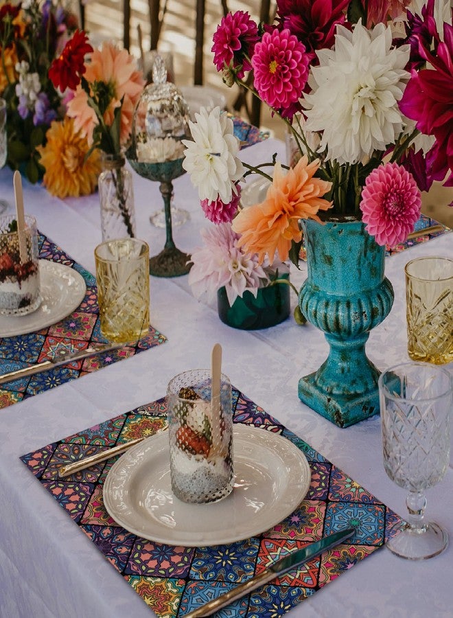 Winotic Boho Bohemian Placemats Set of 4, Vintage Seasonal Washable Linen Table Mats for Dining Table Decorations (Bohemian A, 12” x 18”) - Image 2