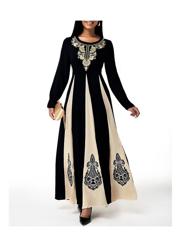 KUYING New Printed Luxury Long Dress Casual High Waist Long Sleeve Round Neck Dress 