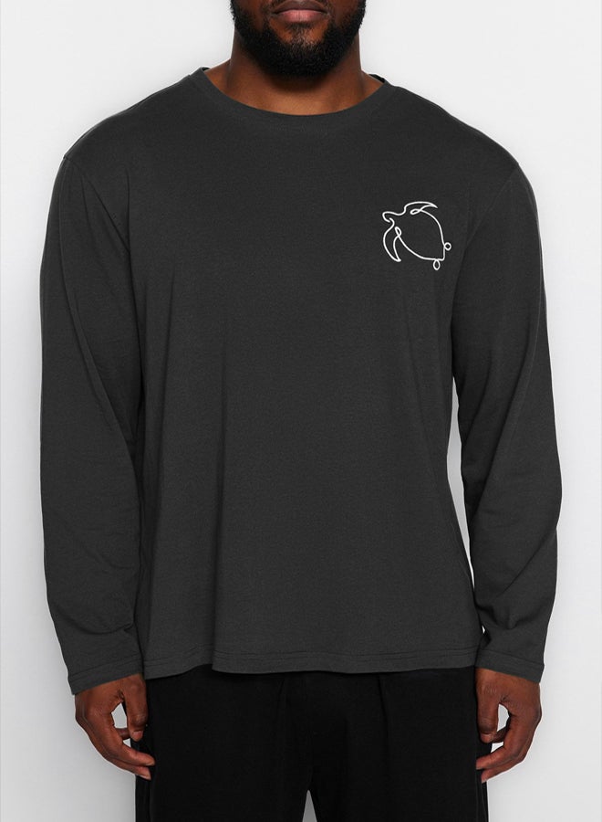 trendyol Anthracite Regular Fit Embroidered Knitted Plus Size Pajamas Set - Image 5