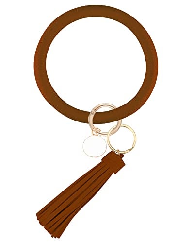 Weixiltc Wristlet Keychain Bracelet Bangle Keyring - Large Circle Key Ring Leather Tassel Bracelet Holder For Women Girl - Image 1