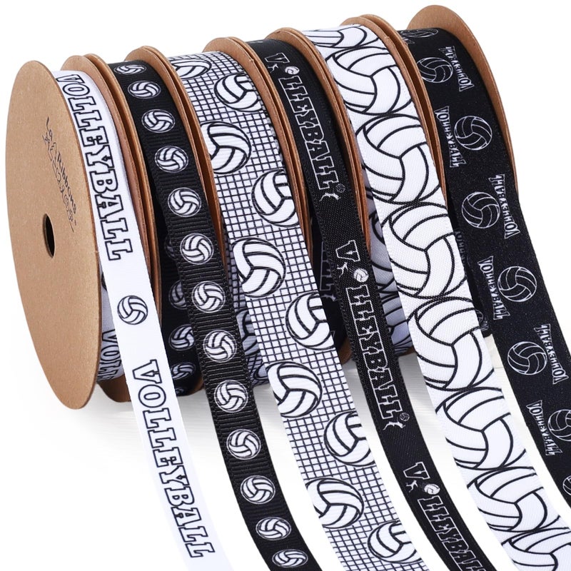 LaRibbons Volleyball Ribbon Set 6 Rolls 30 Yards Total Black White Grosgrain Volleyball Themed Printed Ribbons for Hair Bows, Gift Wrapping, Team Party Decorations, DIY Sewing Supplies - Image 1