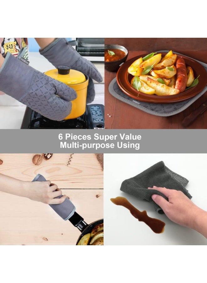 HOMESTAR Oven Mitts and Pot Holders 6pcs Set, Kitchen Oven Glove, High Heat Resistant, Extra Long Oven Mitts and Potholder with Non-Slip Silicone Surface for Cooking, Grey - Image 4