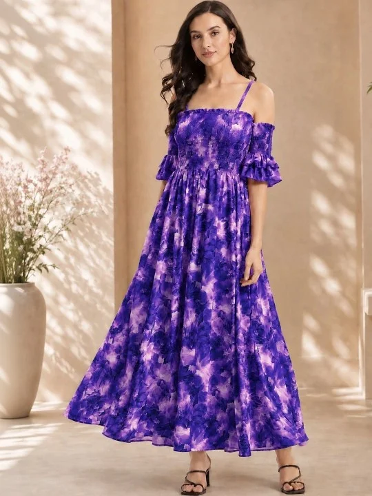 Panit Panit Floral Off-Shoulder Smocked Maxi Dress -Purple