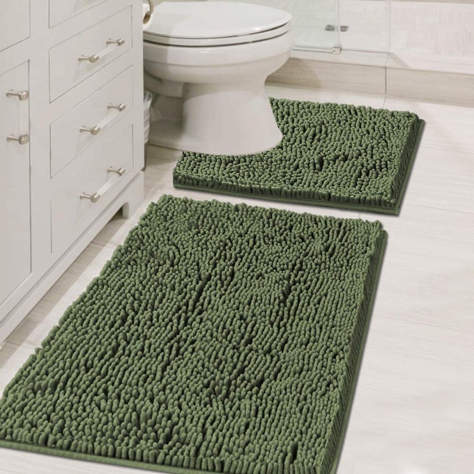 HVERSAILTEX BATHROOM RUGS LUXURY CHENILLE MAT SET SOFT PLUSH SHOWER RUG TOILET MAT MICROFIBER SHAGGY CARPET SUPER ABSORBENT MACHINE WASHABLE CURVED SET 32 X 2020 X 20 LODEN