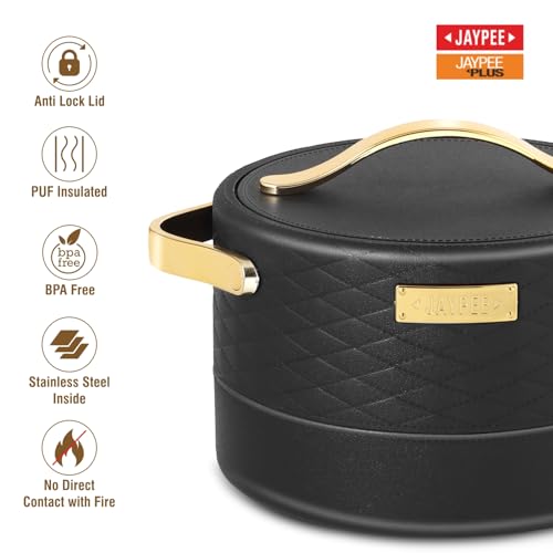 JAYPEE Luxura Inner Stainless Steel Serving Casserole Set of 3 Elegance Unique Design PU Insulated 100% Food Grade with Lockable Lid, Chrome Plated Handle Hot Case | 1500, 2000, 2500 ml, Black - Image 3