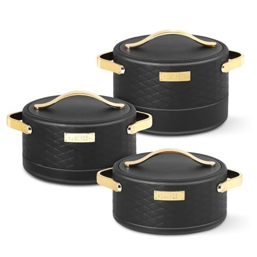 JAYPEE Luxura Inner Stainless Steel Serving Casserole Set of 3 Elegance Unique Design PU Insulated 100% Food Grade with Lockable Lid, Chrome Plated Handle Hot Case | 1500, 2000, 2500 ml, Black - Image 1