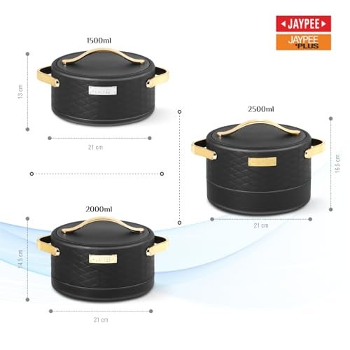 JAYPEE Luxura Inner Stainless Steel Serving Casserole Set of 3 Elegance Unique Design PU Insulated 100% Food Grade with Lockable Lid, Chrome Plated Handle Hot Case | 1500, 2000, 2500 ml, Black - Image 5