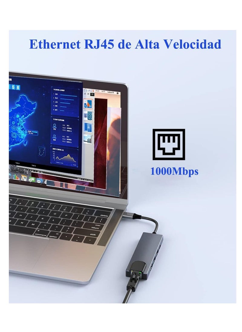 Generic - محول HUB 5 في 1 USB C مع إيثرنت، محور USB C3.0 مع منفذ إيثرنت 100M rj45، منفذ شحن PD، 4K HDMI، 2USB 3.0، متوافق مع أجهزة MacBook Pro Air وType C - Image 1