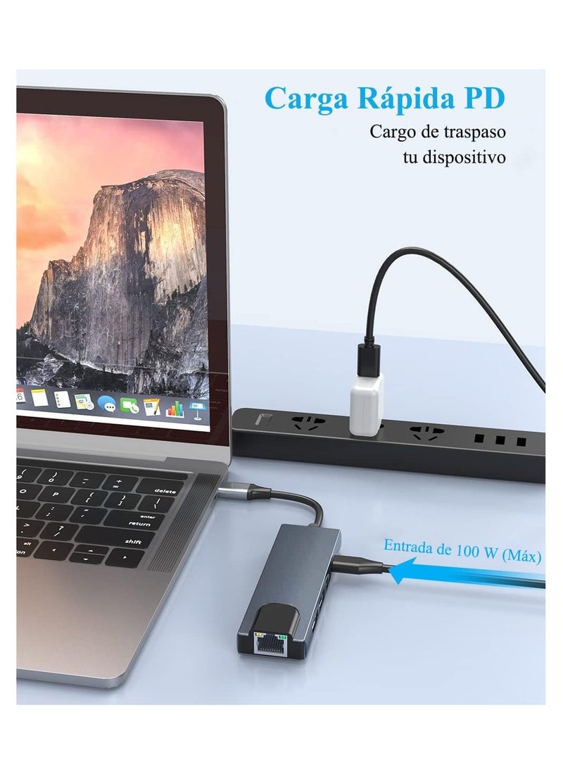 Generic - محول HUB 5 في 1 USB C مع إيثرنت، محور USB C3.0 مع منفذ إيثرنت 100M rj45، منفذ شحن PD، 4K HDMI، 2USB 3.0، متوافق مع أجهزة MacBook Pro Air وType C - Image 1