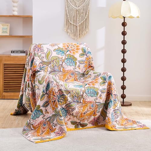 XIBLC Boho Throw Blanket for Bed, 100% Cotton Soft Rustic Quilt Fall Blanket, 60"x80" Floral Printed Farmhouse Decor Bed Blankets, All Season Rustic Reversible Bohemian Throw Quilt - Image 2