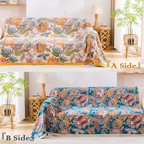 XIBLC Boho Throw Blanket for Bed, 100% Cotton Soft Rustic Quilt Fall Blanket, 60"x80" Floral Printed Farmhouse Decor Bed Blankets, All Season Rustic Reversible Bohemian Throw Quilt - Image 4