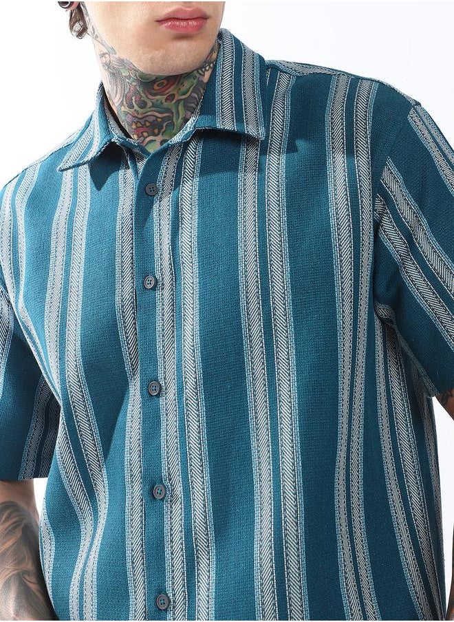 Hubberholme Men Relaxed Fit Spread Collar Vertical Striped Cotton Casual Shirt  - Image 5