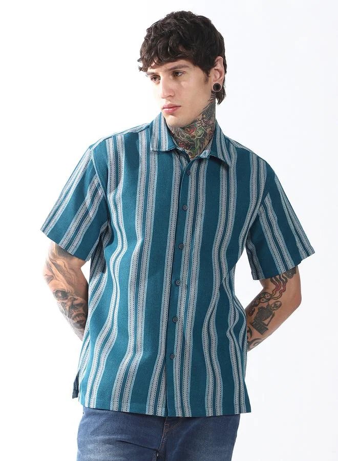 Hubberholme Men Relaxed Fit Spread Collar Vertical Striped Cotton Casual Shirt