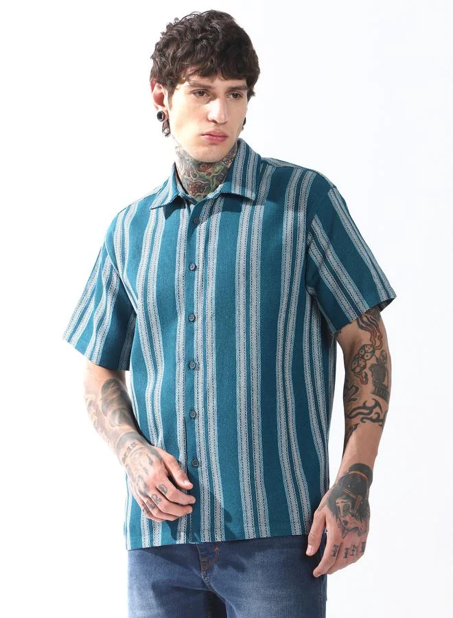 Hubberholme Men Relaxed Fit Spread Collar Vertical Striped Cotton Casual Shirt