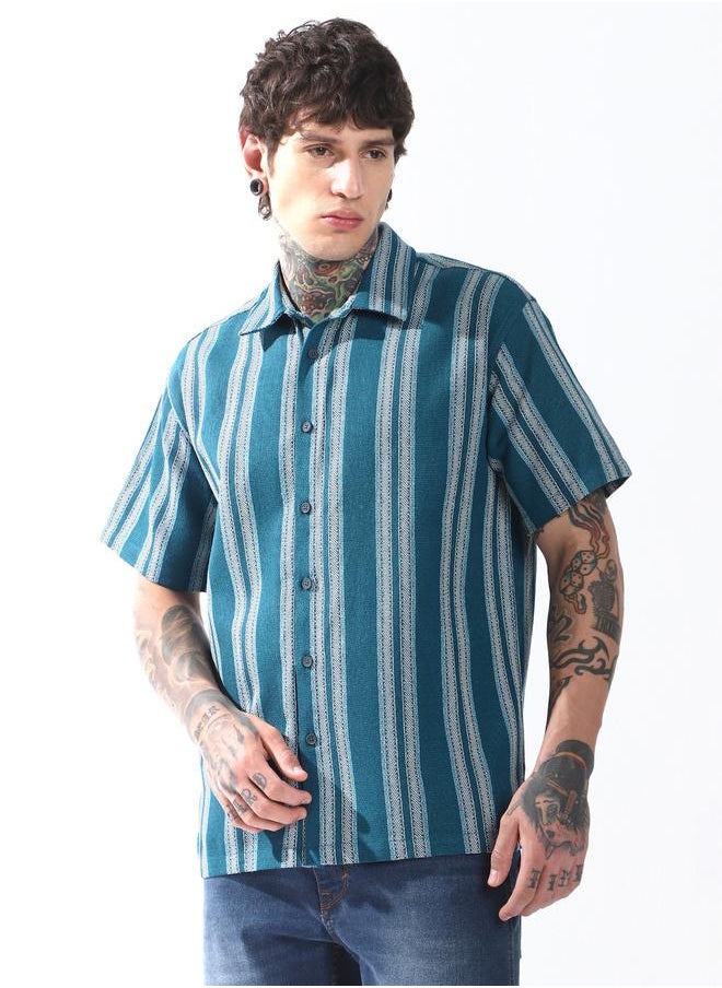 Hubberholme Men Relaxed Fit Spread Collar Vertical Striped Cotton Casual Shirt  - Image 3