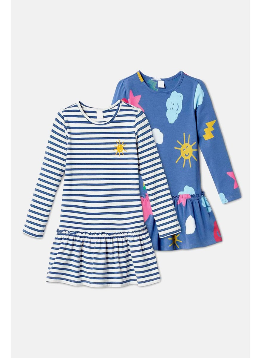 Tchibo Kid Girls 2 Pcs Striped Casual Midi Dress, Blue Combo  - Image 2