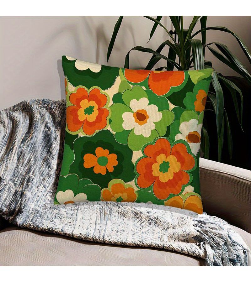 18 X 18 Inch Polyester Short Plush Throw Pillow Cover With Vintage Flowers Retro Groovy Green Design For Living Room Bedroom Sofa Home Party Decoration - Image 2