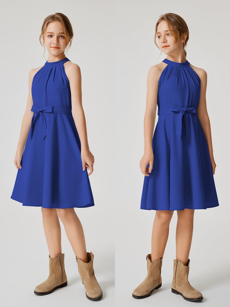 Quedoris Girls Halter Neck Sleeveless Belted Dress with Zipper Bright Blue 140Y - Image 3