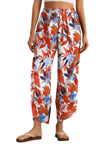 Feiersi Womens Baggy Wide Leg Pants Elastic Waisted Casual Palazzo Harem Pants Summer Beach Trousers(White Maple Leaf,Large) - Image 1