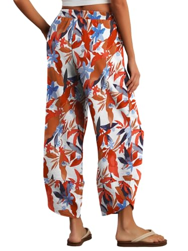 Feiersi Womens Baggy Wide Leg Pants Elastic Waisted Casual Palazzo Harem Pants Summer Beach Trousers(White Maple Leaf,Large) - Image 5