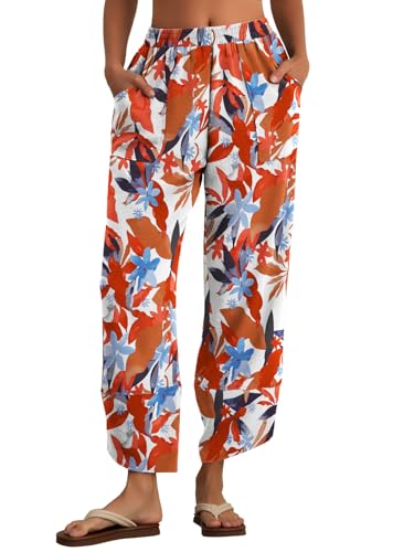 Feiersi Womens Baggy Wide Leg Pants Elastic Waisted Casual Palazzo Harem Pants Summer Beach Trousers(White Maple Leaf,Large) - Image 2