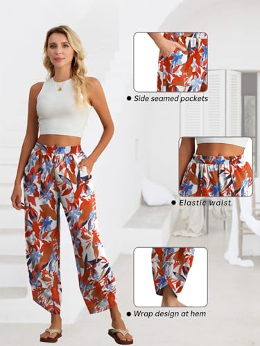 Feiersi Womens Baggy Wide Leg Pants Elastic Waisted Casual Palazzo Harem Pants Summer Beach Trousers(White Maple Leaf,Large) - Image 4