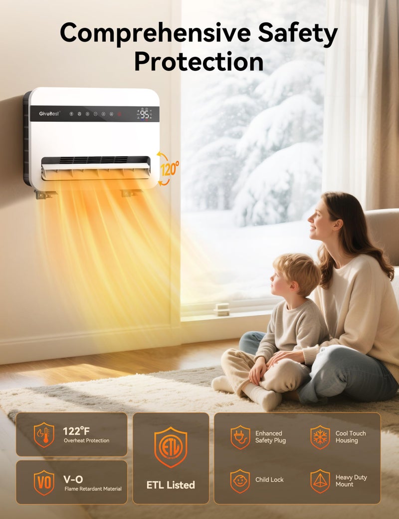 Givebest-Wall-Heater-for-Indoor-Use, 1500W Electric-Space-Heater, 120°Vertical Oscillation,Compatible with Alexa, Adjustable Thermostat, Remote Control, 24H Timer, Easy-mounted Heater for Indoor Use - Image 5