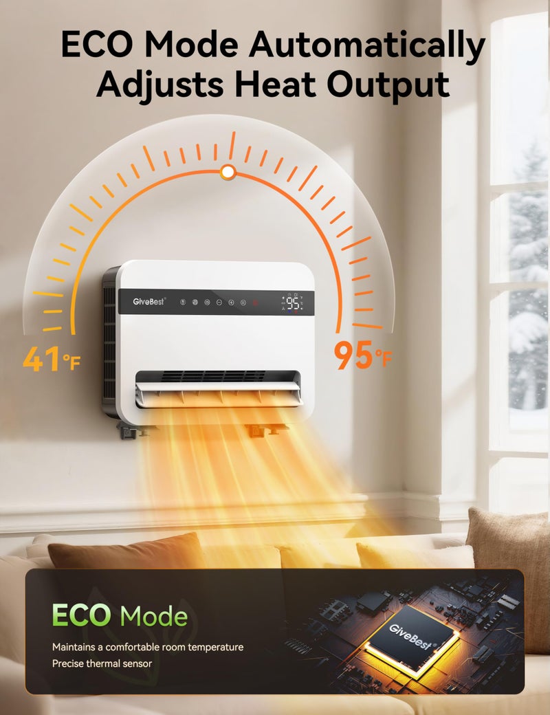 Givebest-Wall-Heater-for-Indoor-Use, 1500W Electric-Space-Heater, 120°Vertical Oscillation,Compatible with Alexa, Adjustable Thermostat, Remote Control, 24H Timer, Easy-mounted Heater for Indoor Use - Image 4